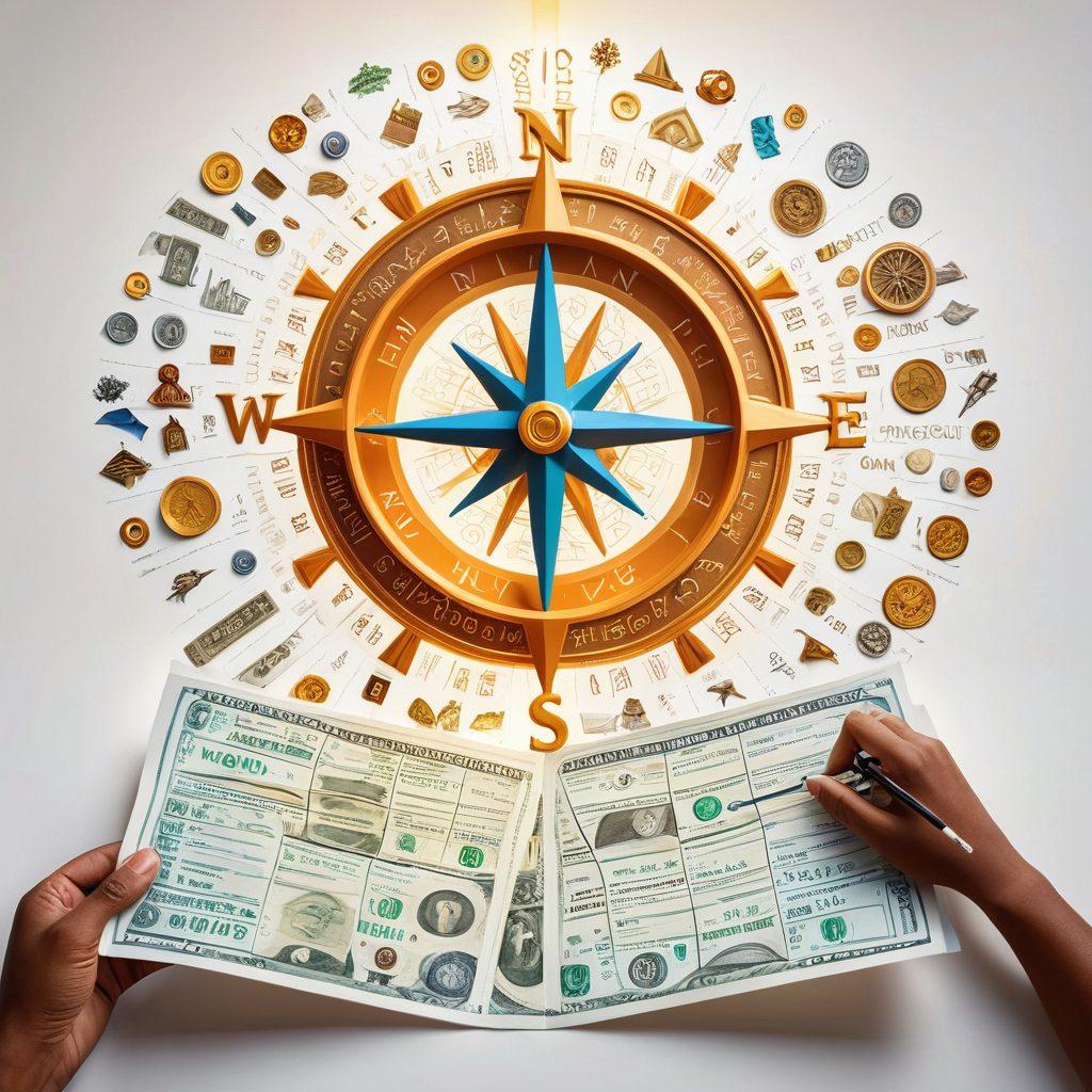 A person holding a large, intricate compass, surrounded by various symbols representing different types of insurance (home, auto, health). In the background, a maze made of money bills and insurance papers symbolizes the confusion often faced. Bright sunlight breaks through to symbolize hope and guidance. super-realistic. vibrant colors. white background.
