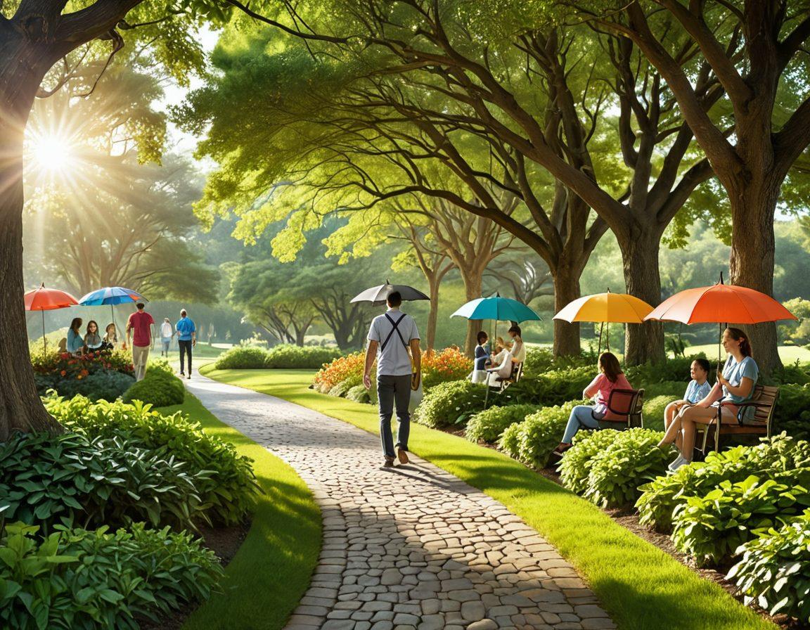 A serene pathway winding through a lush green landscape, lined with various symbols of insurance such as shields, umbrellas, and family icons, representing protection and reliability. In the background, a friendly insurance agent is engaging with a diverse group of individuals, showcasing personal and affordable solutions. Soft sunlight filtering through the trees adds warmth to the scene. super-realistic. vibrant colors. welcoming atmosphere.